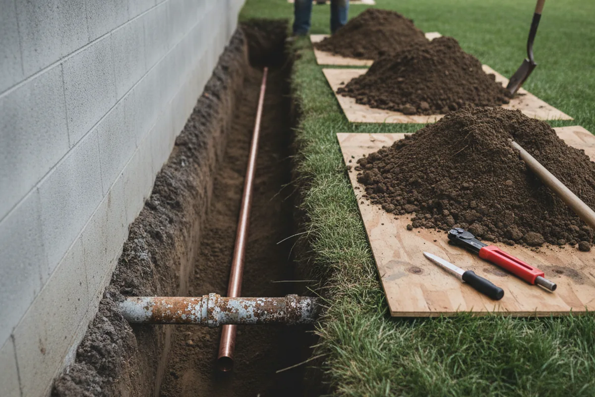 Excavated water line trench during Sewer Line Repair in Glenhaven